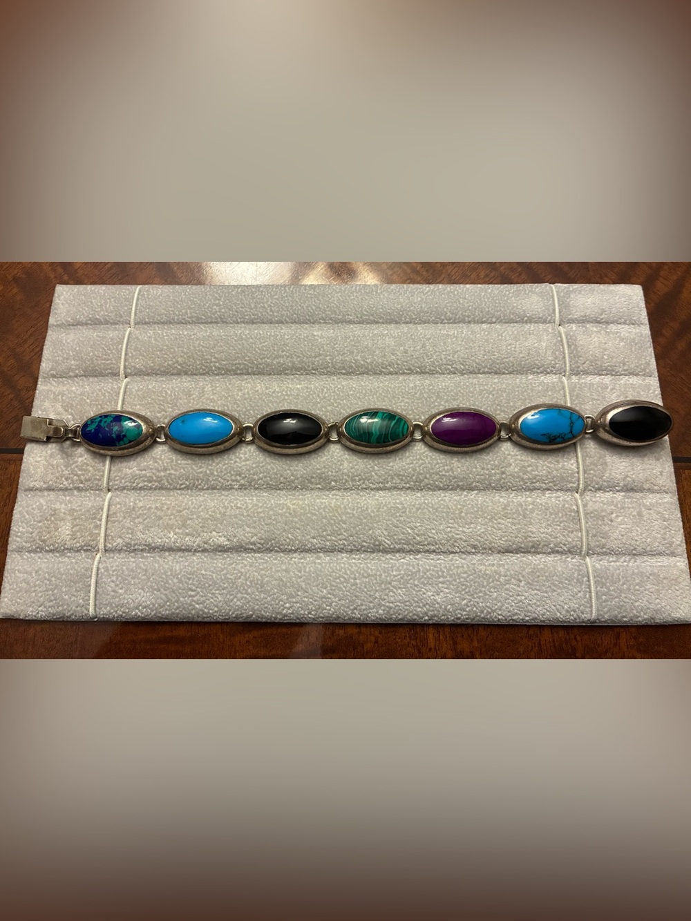 Vintage 925 Sterling Silver Multi Gemstone Oval Link Bracelet